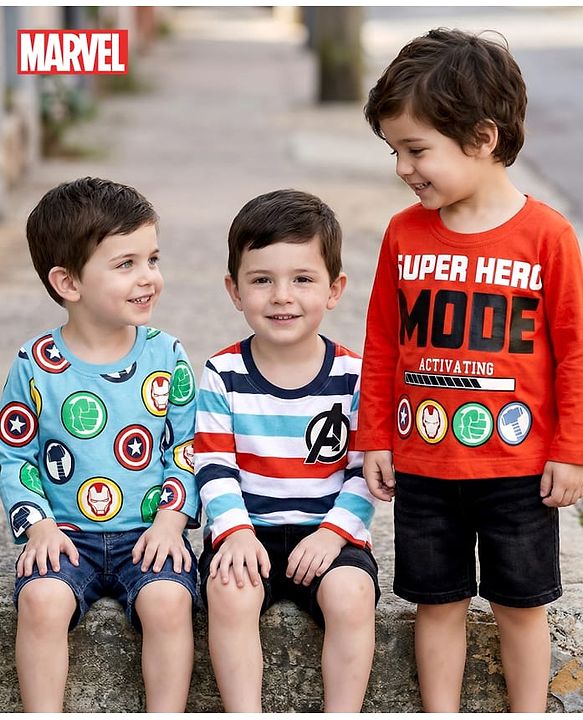 Babyhug Marvel Single Jersey Knit Full Sleeves T-Shirt with Avengers Graphic Pack of 3 - Light Blue White & Orange