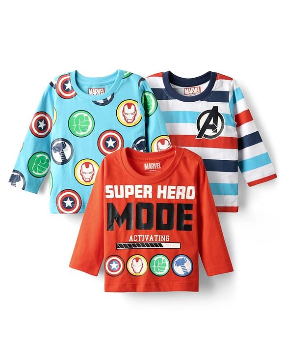 Babyhug Marvel Single Jersey Knit Full Sleeves T-Shirt with Avengers Graphic Pack of 3 - Light Blue White & Orange