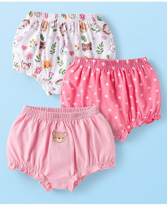 Babyhug 100% Cotton Antibacterial Bloomers With Animals & Hearts Print Pack Of 3 - Multi Colour