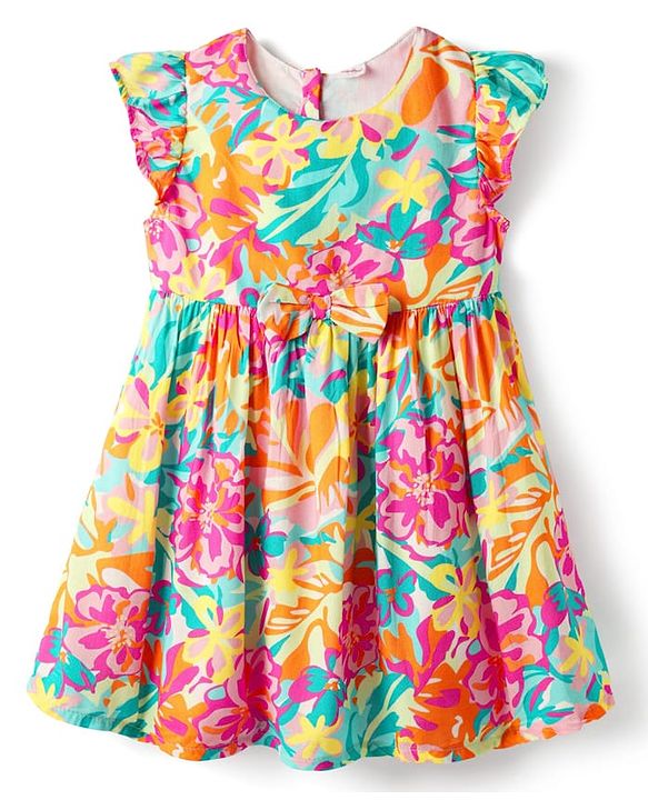 Babyhug 100% Cotton Half Sleeves Floral Printed Dress - Multi Colour