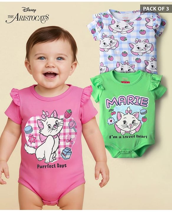 Babyhug Disney 100% Cotton Half Sleeves Onesies With Aristocats Marie Graphics Pack Of 3 - Light Green Pink & Blue