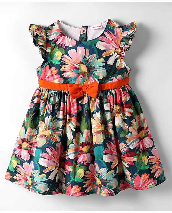 Babyhug Cotton Knit Frill Sleeves Frock With Floral Print & Bow Applique - Navy Blue