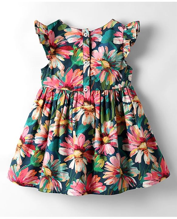 Babyhug Cotton Knit Frill Sleeves Frock With Floral Print & Bow Applique - Navy Blue