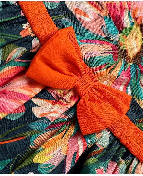 Babyhug Cotton Knit Frill Sleeves Frock With Floral Print & Bow Applique - Navy Blue