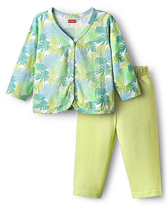 Babyhug Cotton Knit Full Sleeves T-Shirt & Lounge Pant Set with Applique - Yellow & Green