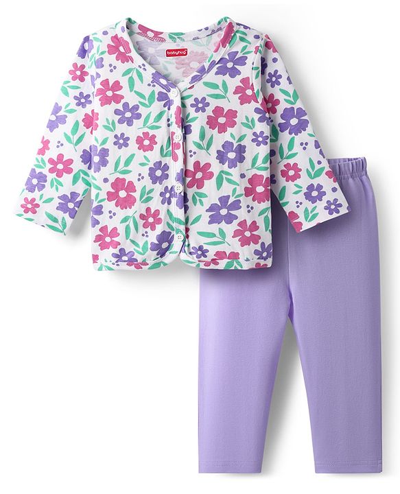 Babyhug Single Jersey Knit Full Sleeves Front Open Top & Trouser Set With Floral Print - White & Purple
