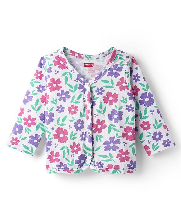 Babyhug Single Jersey Knit Full Sleeves Front Open Top & Trouser Set With Floral Print - White & Purple