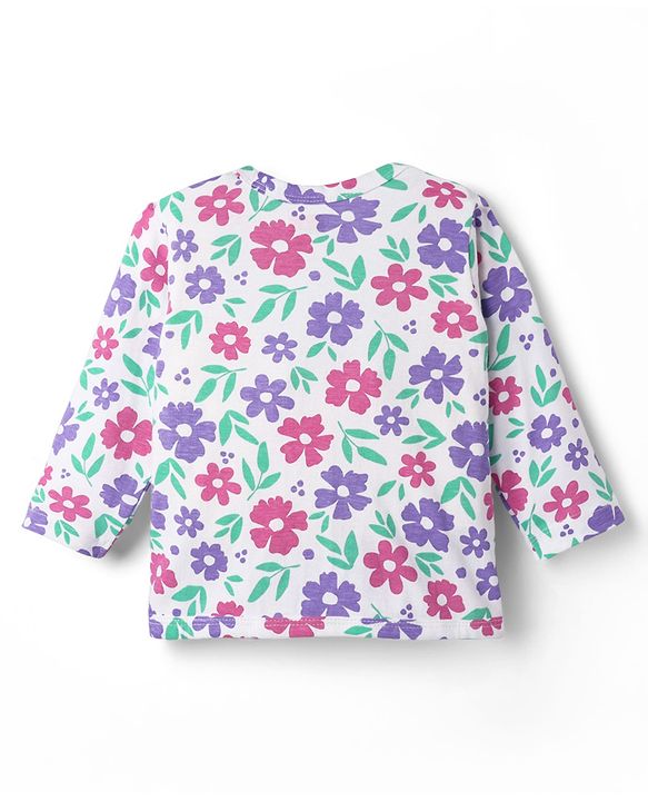 Babyhug Single Jersey Knit Full Sleeves Front Open Top & Trouser Set With Floral Print - White & Purple