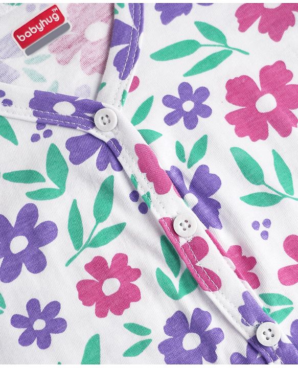 Babyhug Single Jersey Knit Full Sleeves Front Open Top & Trouser Set With Floral Print - White & Purple