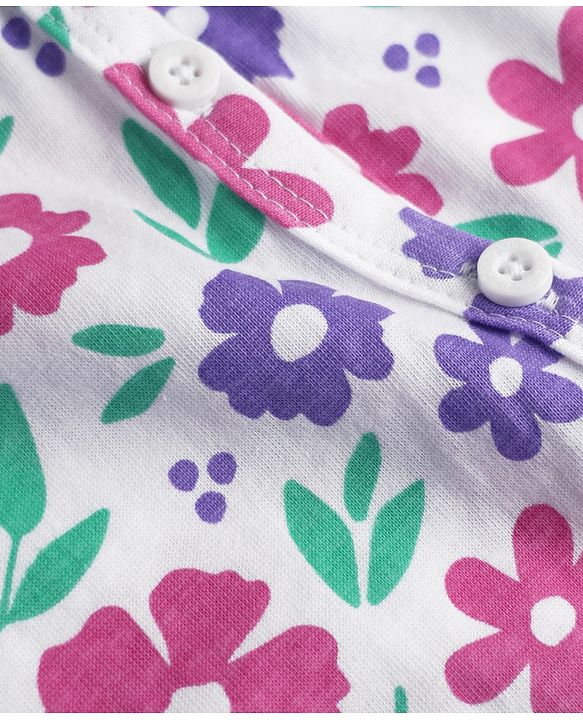 Babyhug Single Jersey Knit Full Sleeves Front Open Top & Trouser Set With Floral Print - White & Purple