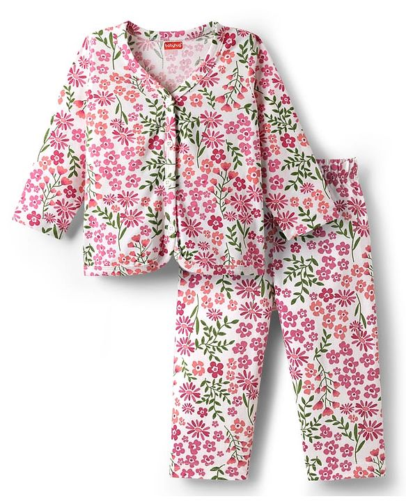 Babyhug Single Jersey Knit Full Sleeves Co-ords Top & Leggings Set with Floral Print - Pink