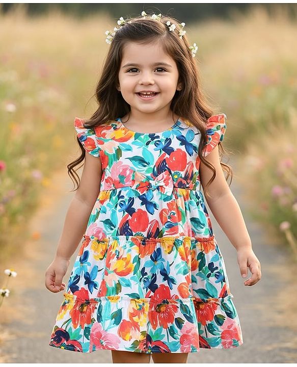 Babyhug Cotton Knit Frill Sleeves Frock with Floral Print & Bow Applique - Multicolor