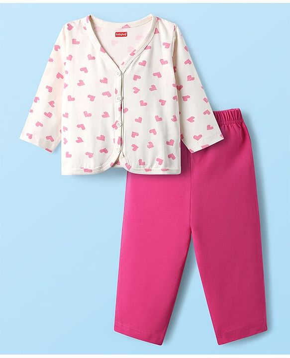 Babyhug Single Jersey Knit Full Sleeves Hearts Printed Front Open Top & Pant Set - White & Dark Pink