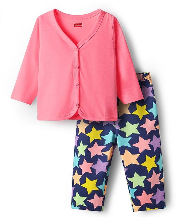 Babyhug Single Jersey Knit Full Sleeves Top & Leggings Set with Star Print - Navy Blue & Pink