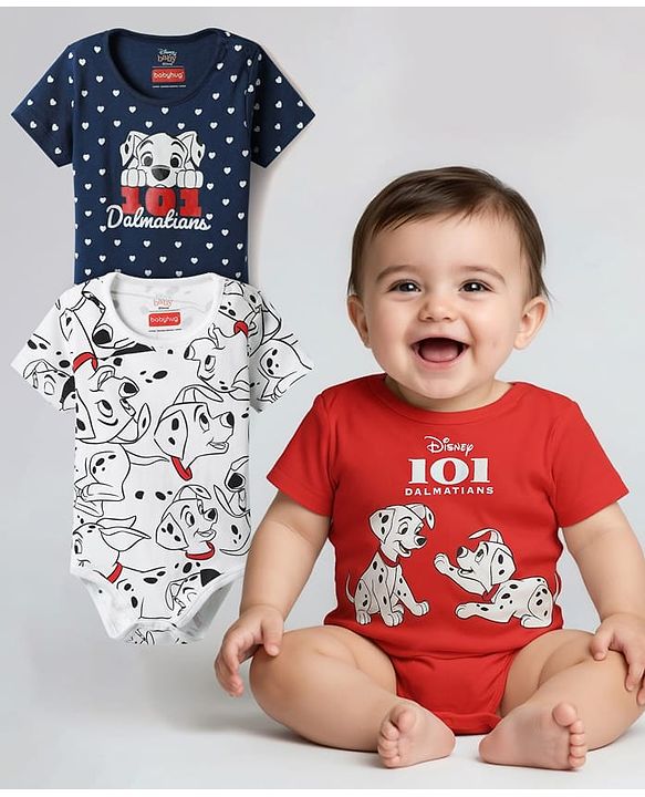 Babyhug Disney Interlock Knit Half Sleeves Onesies With Dalmatians Graphics Pack Of 3 - White Red & Navy Blue