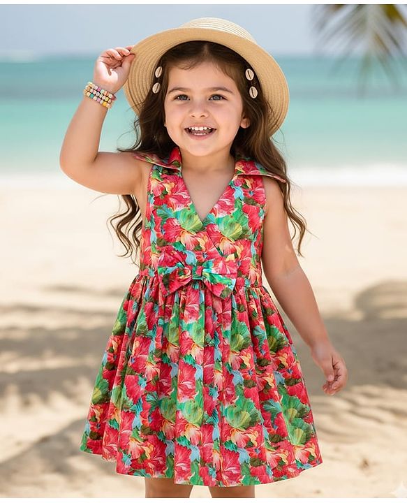 Babyhug 100% Cotton Sleeveless Halter Neck Floral Printed Dress With Bow Applique - Multi Colour