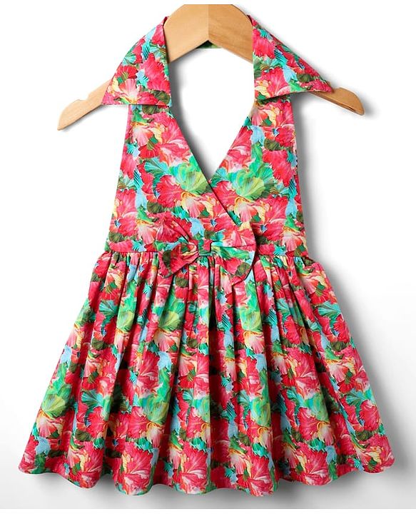Babyhug 100% Cotton Sleeveless Halter Neck Floral Printed Dress With Bow Applique - Multi Colour