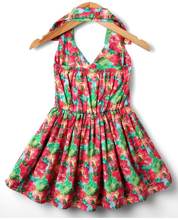 Babyhug 100% Cotton Sleeveless Halter Neck Floral Printed Dress With Bow Applique - Multi Colour