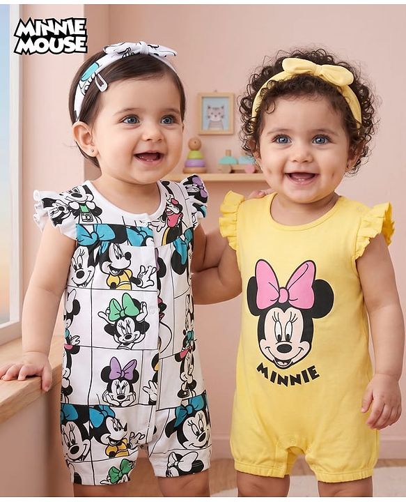 Babyhug Disney Interlock Knit Frill Sleeves Front Open Rompers with Headband & Minnie Mouse Graphics Pack of 2 - White & Yellow