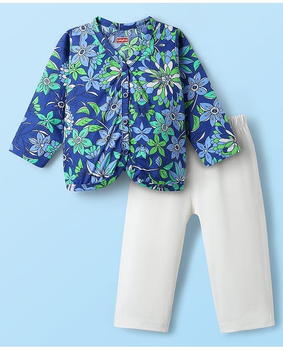 Babyhug Single Jersey Knit Full Sleeves Floral Printed Front Open Top & Pant Set - Blue & White