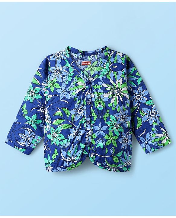 Babyhug Single Jersey Knit Full Sleeves Floral Printed Front Open Top & Pant Set - Blue & White
