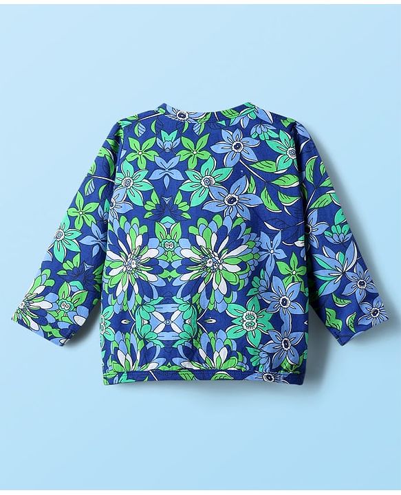 Babyhug Single Jersey Knit Full Sleeves Floral Printed Front Open Top & Pant Set - Blue & White