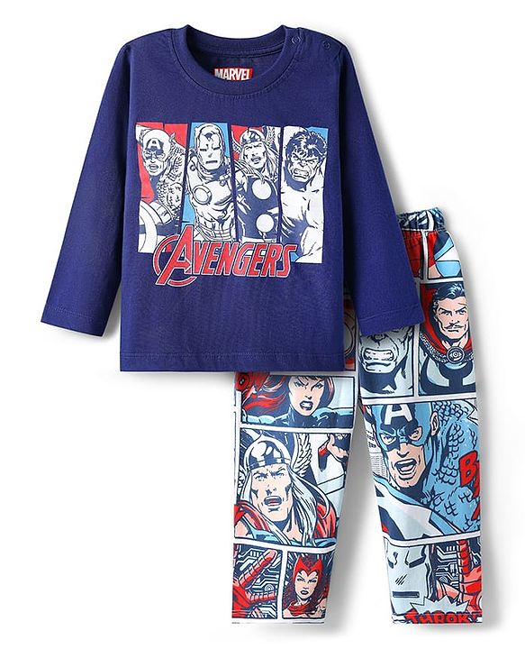 Babyhug Marvel Single Jersey Knit Full Sleeves Night Suit with Avengers Graphics - Navy Blue