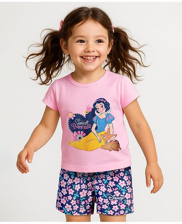 Babyhug Disney 100% Cotton Half Sleeves Shorts Night Suit With Snow White Graphic - Pink & Navy Blue