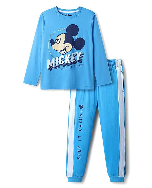 Pine Kids Disney 100% Cotton Full Sleeves Night Suit With Mickey Mouse Graphics - Blue