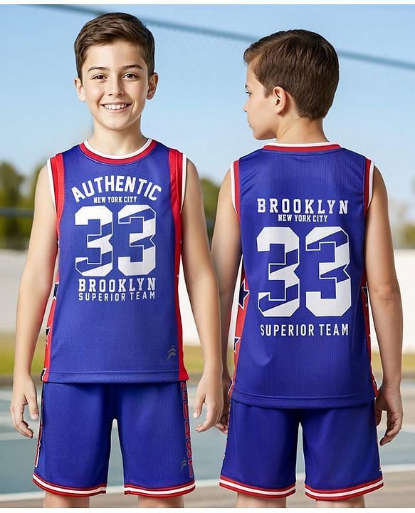 Pine Active Knit Sleeveless Tank T-Shirt & Shorts Set with Text Print - Navy Blue