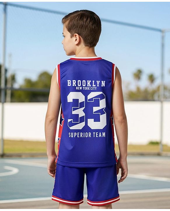 Pine Active Knit Sleeveless Tank T-Shirt & Shorts Set with Text Print - Navy Blue