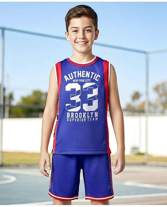 Pine Active Knit Sleeveless Tank T-Shirt & Shorts Set with Text Print - Navy Blue