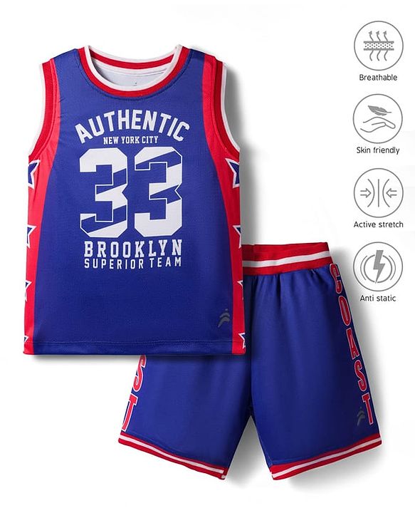 Pine Active Knit Sleeveless Tank T-Shirt & Shorts Set with Text Print - Navy Blue