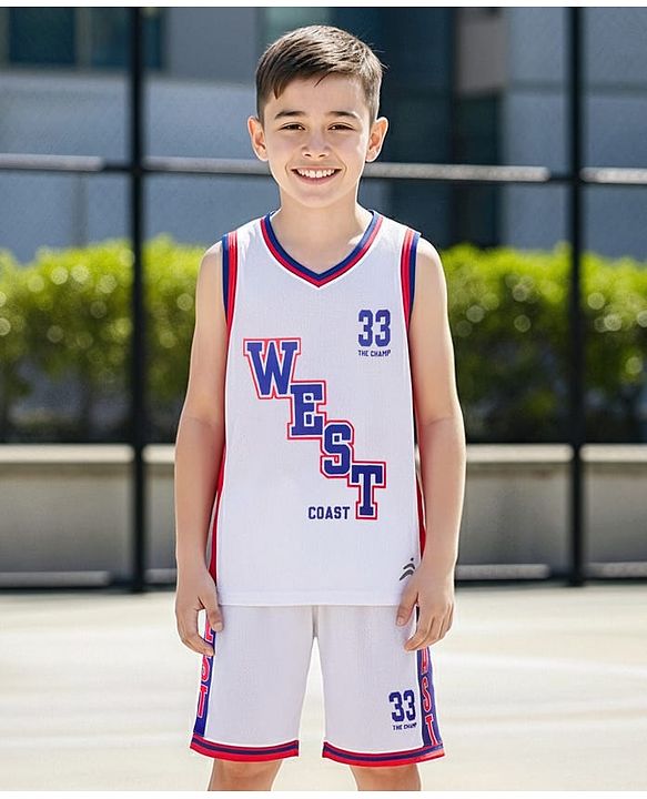 Pine Active Knit Sleeveless T-Shirt & Short Set with Text Print - White Red & Blue
