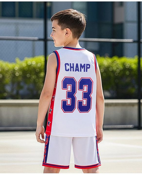 Pine Active Knit Sleeveless T-Shirt & Short Set with Text Print - White Red & Blue