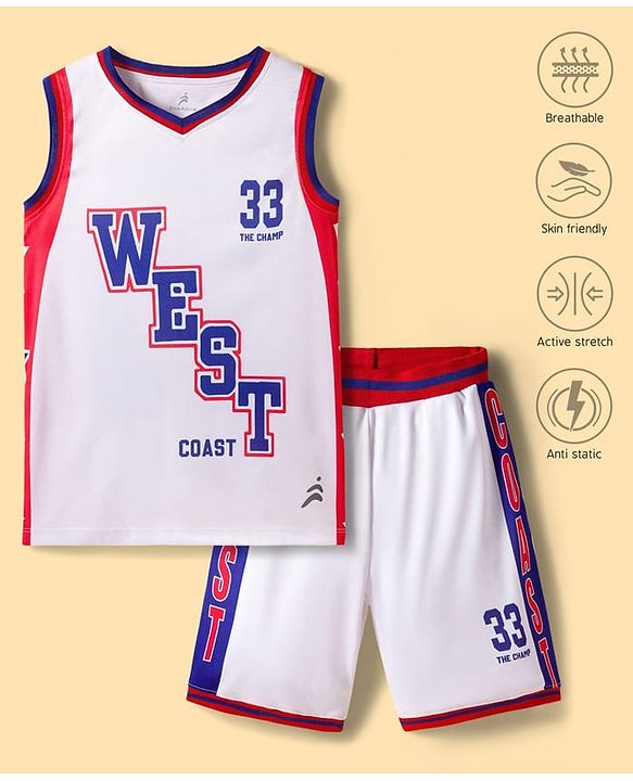 Pine Active Knit Sleeveless T-Shirt & Short Set with Text Print - White Red & Blue