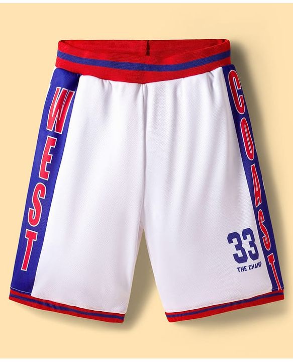 Pine Active Knit Sleeveless T-Shirt & Short Set with Text Print - White Red & Blue