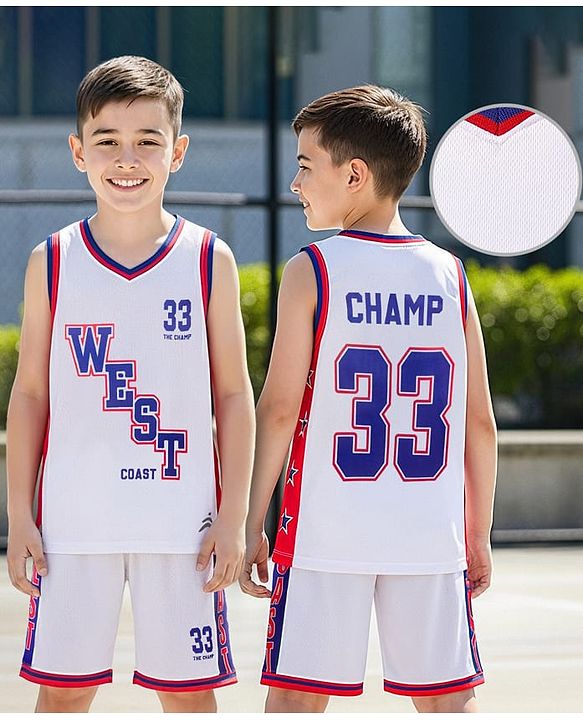 Pine Active Knit Sleeveless T-Shirt & Short Set with Text Print - White Red & Blue