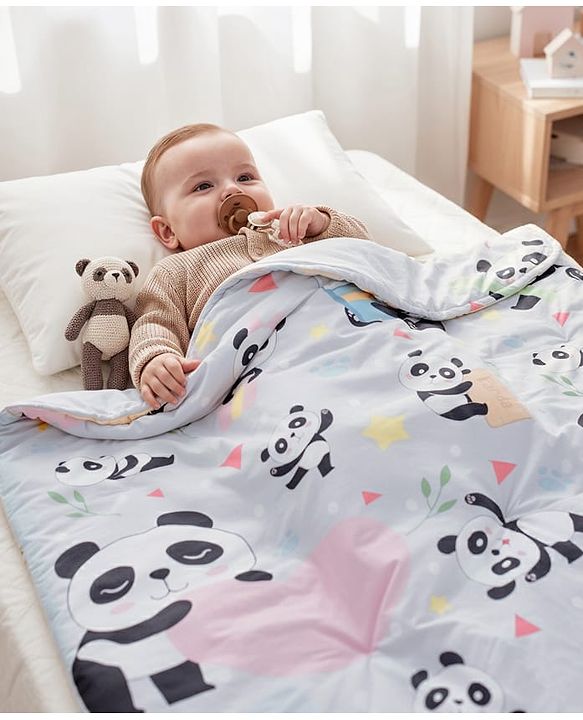 Babyhug Cotton Quilt Panda Print - Grey | Soft and Comfortable| Breathable Fabric| New Born Gifting Option| Light Weight and Foldable| Travel Friendly| Machine Washable