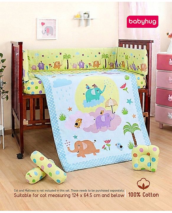 Babyhug 100% Cotton Crib Bedding Set Elephant Print Regular - Multicolor(Cot not Included)| Quilt,Cot Bumper,U Shape Pillow, Crib Sheet, 2 Bolsters| Compact Fold & Storage| Soft & Breathable| Washable