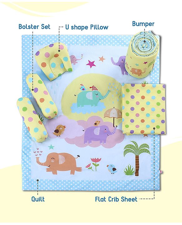 Babyhug 100% Cotton Crib Bedding Set Elephant Print Regular - Multicolor(Cot not Included)| Quilt,Cot Bumper,U Shape Pillow, Crib Sheet, 2 Bolsters| Compact Fold & Storage| Soft & Breathable| Washable
