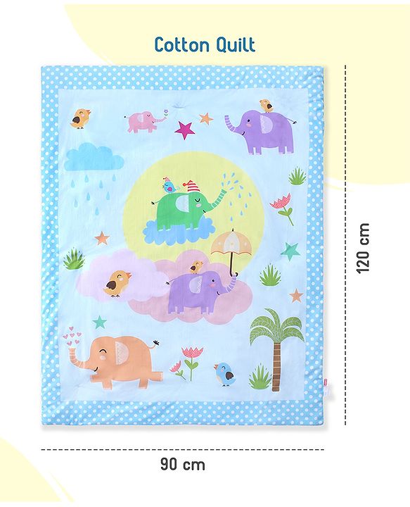 Babyhug 100% Cotton Crib Bedding Set Elephant Print Regular - Multicolor(Cot not Included)| Quilt,Cot Bumper,U Shape Pillow, Crib Sheet, 2 Bolsters| Compact Fold & Storage| Soft & Breathable| Washable