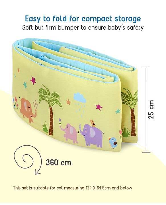 Babyhug 100% Cotton Crib Bedding Set Elephant Print Regular - Multicolor(Cot not Included)| Quilt,Cot Bumper,U Shape Pillow, Crib Sheet, 2 Bolsters| Compact Fold & Storage| Soft & Breathable| Washable