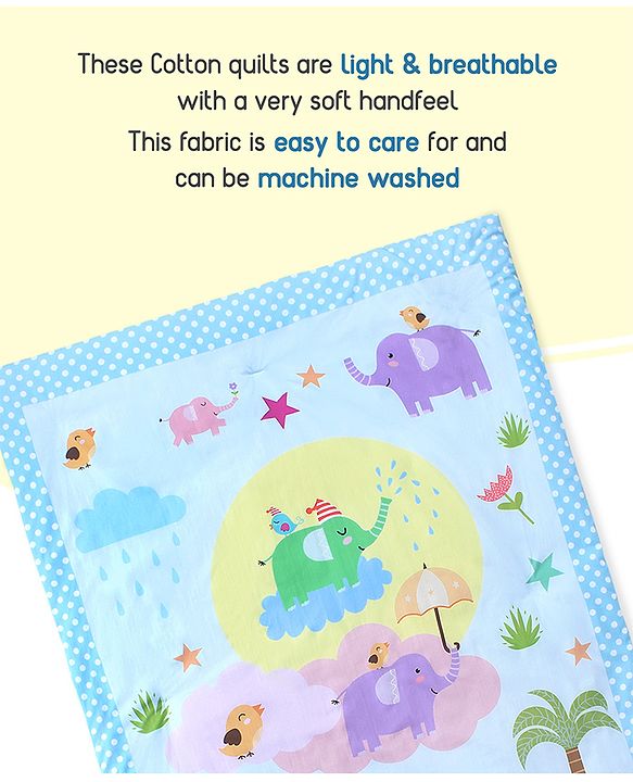 Babyhug 100% Cotton Crib Bedding Set Elephant Print Regular - Multicolor(Cot not Included)| Quilt,Cot Bumper,U Shape Pillow, Crib Sheet, 2 Bolsters| Compact Fold & Storage| Soft & Breathable| Washable