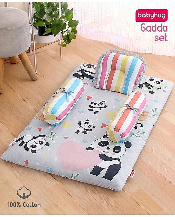 Babyhug 100% Cotton Bedding Set Panda Theme - Grey| Soft Breathable Cotton Fabric| U Shaped Pillow, Bolsters, Mattress| Washable