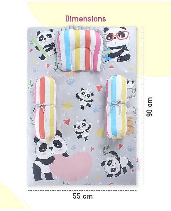 Babyhug 100% Cotton Bedding Set Panda Theme - Grey| Soft Breathable Cotton Fabric| U Shaped Pillow, Bolsters, Mattress| Washable