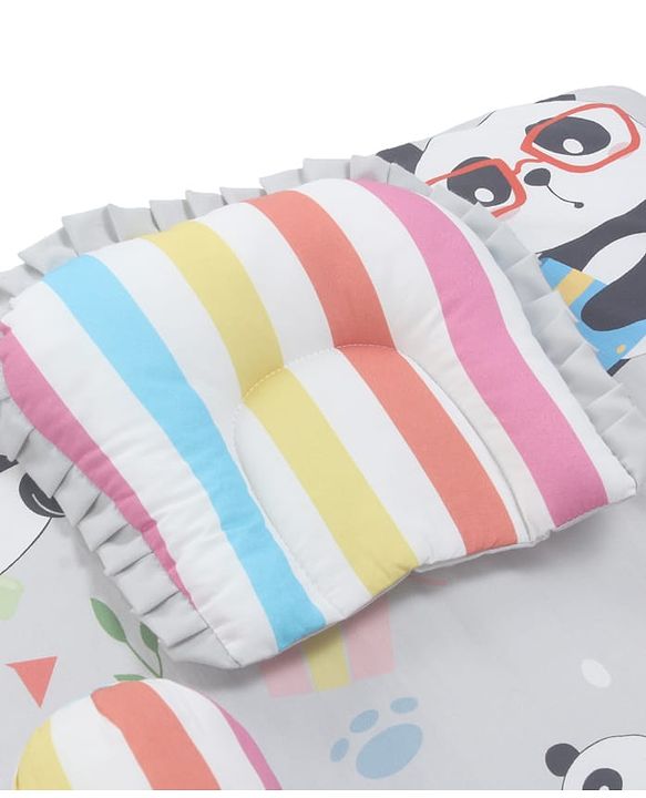 Babyhug 100% Cotton Bedding Set Panda Theme - Grey| Soft Breathable Cotton Fabric| U Shaped Pillow, Bolsters, Mattress| Washable