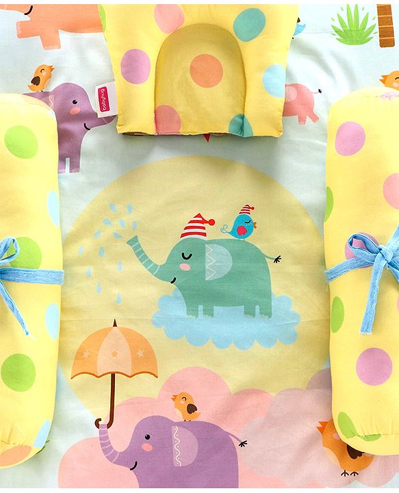 Babyhug 100% Cotton Bedding Set Panda Theme - Grey| Soft Breathable Cotton Fabric| U Shaped Pillow, Bolsters, Mattress| Washable