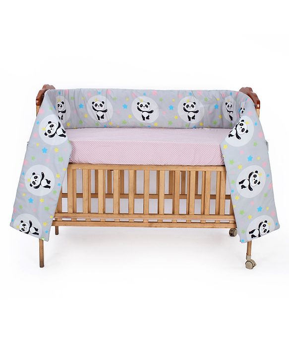 Babyhug 100% Cotton Cot Bumper Panda Print Regular - Grey (Cot not Included)| Protective Padding| Soft & Cozy| Washable| Easy to Assemble| Compact Folding & Storage| Prevents Bumping into Sides