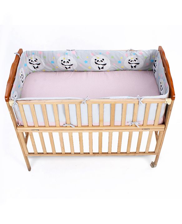 Babyhug 100% Cotton Cot Bumper Panda Print Regular - Grey (Cot not Included)| Protective Padding| Soft & Cozy| Washable| Easy to Assemble| Compact Folding & Storage| Prevents Bumping into Sides